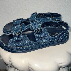 CHANEL Denim CC Dad Sandals in Dark blue